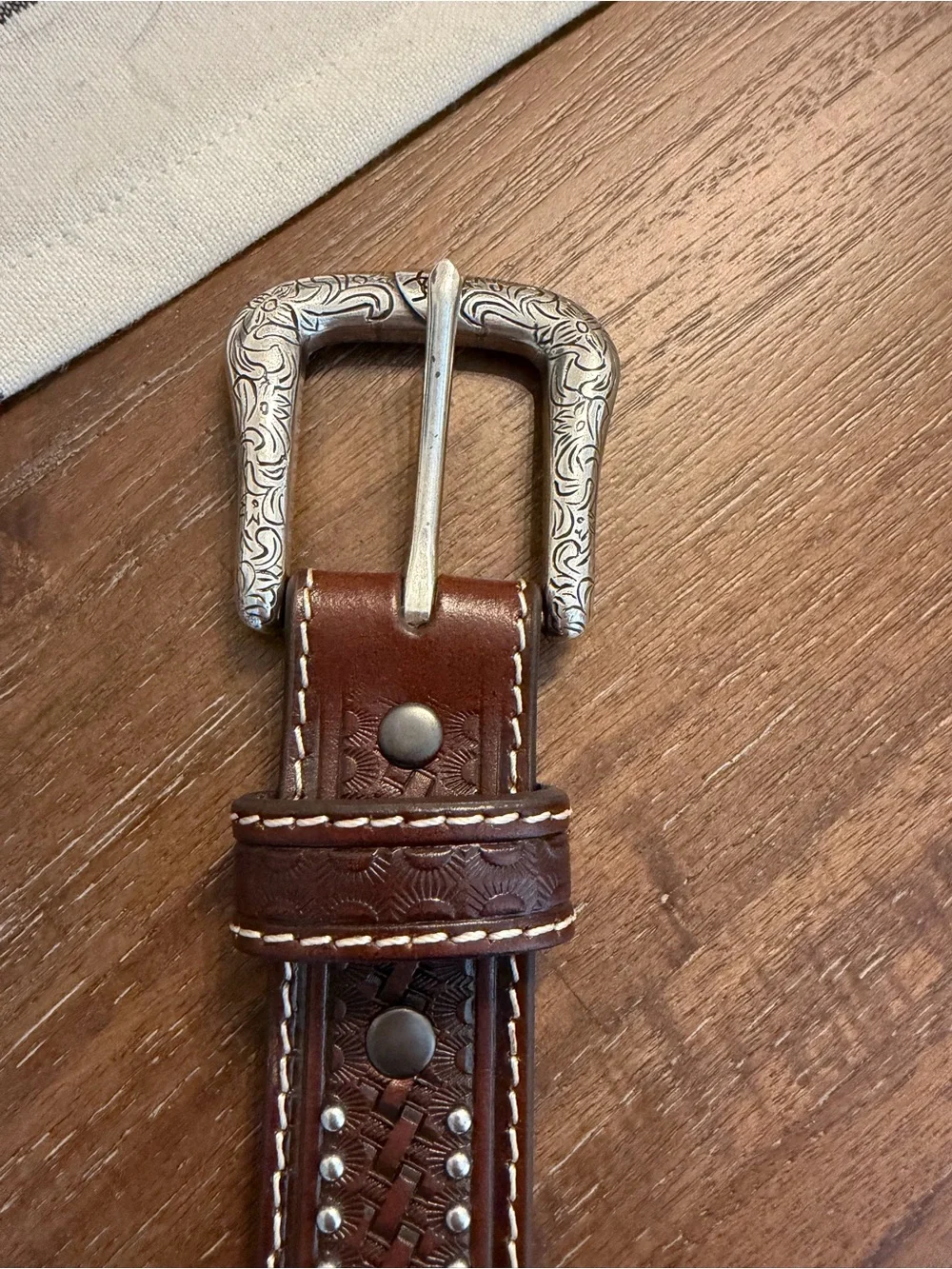 Western Embossed Leather Youth Belt with Studded Detail - Brown